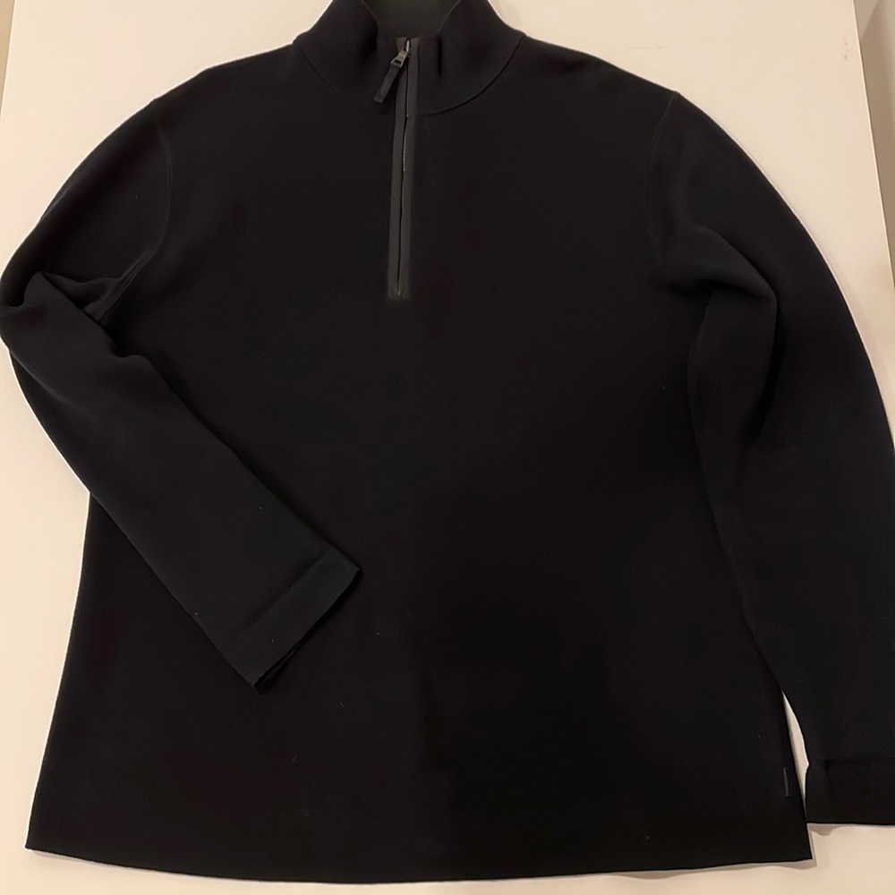 Men’s solid black cotton sweater, turtleneck, zipper neckline, elbow patch